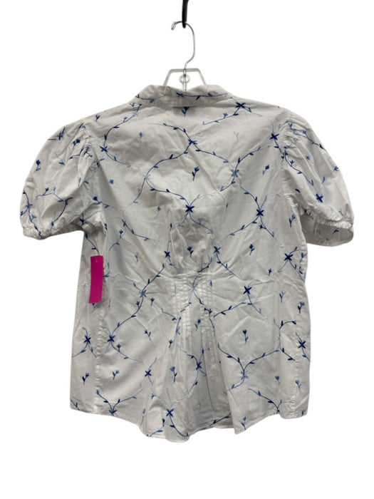 Thierry Colson Size Small Blue & White Cotton Short Puff Sleeve Button Front Top Blue & White / Small