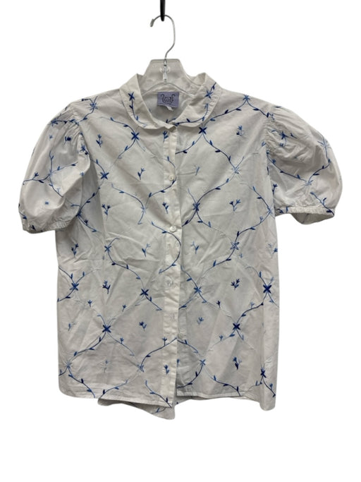 Thierry Colson Size Small Blue & White Cotton Short Puff Sleeve Button Front Top Blue & White / Small