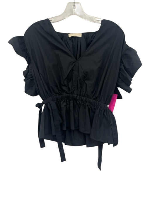 Ulla Johnson Size 4 Black Cotton Ruffle Cap Sleeve Elastic Drawstring V Neck Top Black / 4
