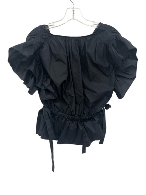 Ulla Johnson Size 4 Black Cotton Ruffle Cap Sleeve Elastic Drawstring V Neck Top Black / 4