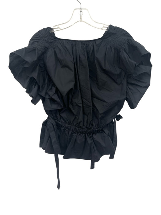 Ulla Johnson Size 4 Black Cotton Ruffle Cap Sleeve Elastic Drawstring V Neck Top Black / 4