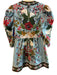 Farm Rio Size Small Blue & Multi Cotton V Neck Button Down 3/4 Puff Sleeve Dress Blue & Multi / Small