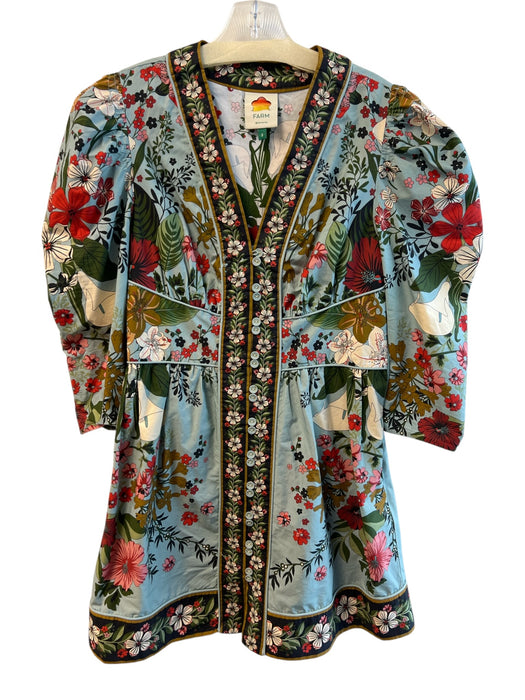 Farm Rio Size Small Blue & Multi Cotton V Neck Button Down 3/4 Puff Sleeve Dress Blue & Multi / Small