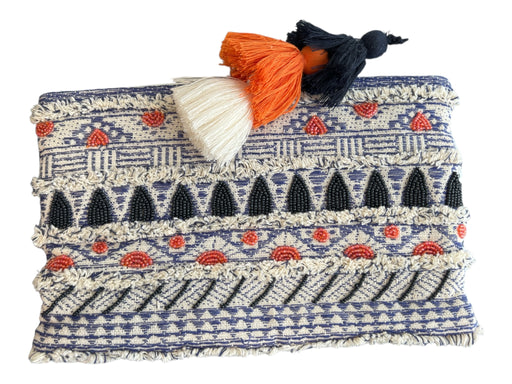 Roller Rabbit Blue & Orange Cotton Beaded Detail Zip Close Clutch Bag Blue & Orange / Medium