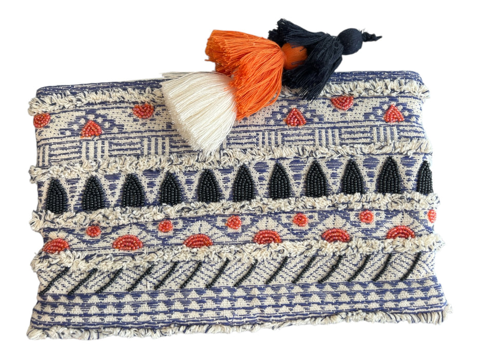 Roller Rabbit Blue & Orange Cotton Beaded Detail Zip Close Clutch Bag Blue & Orange / Medium