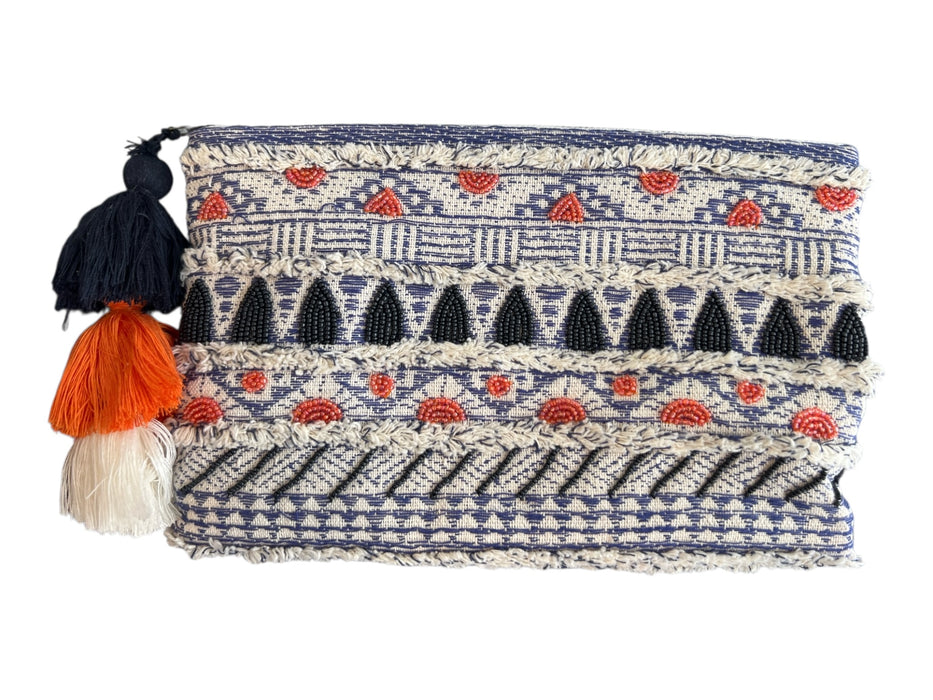 Roller Rabbit Blue & Orange Cotton Beaded Detail Zip Close Clutch Bag Blue & Orange / Medium
