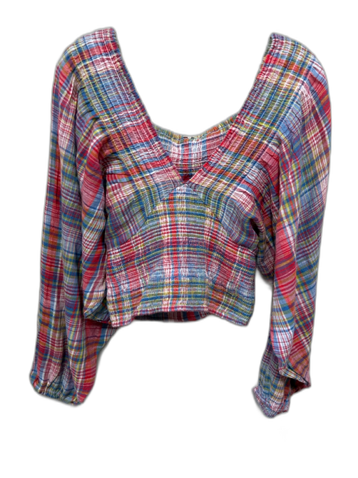 Free People Size L Red, Blue & Mulit Cotton Long Balloon Sleeve Plaid V Neck Top Red, Blue & Mulit / L