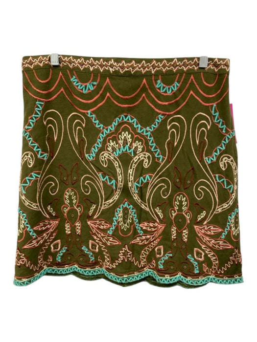 By Anthropologie Size 12 Green & Multi Cotton Blend Embroidered Pattern Skirt Green & Multi / 12