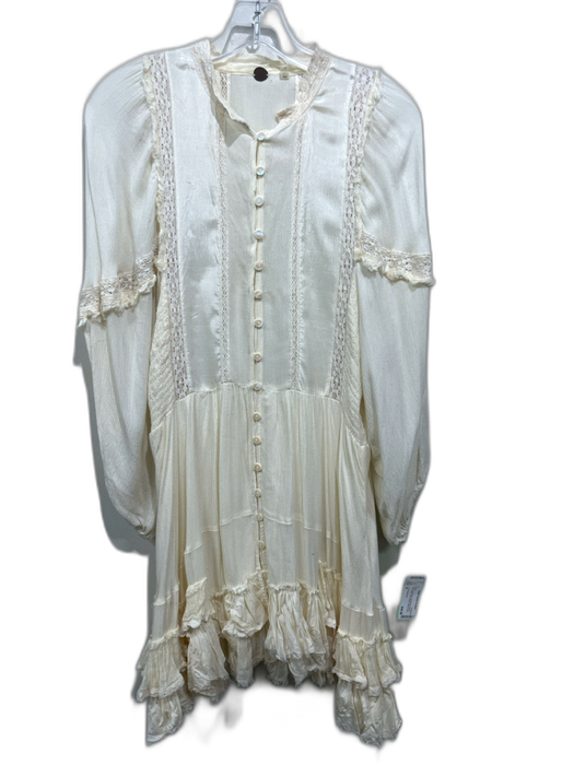 Free People One Size M Cream Viscose Long Balloon Sleeve Lace Detail Dress Cream / M