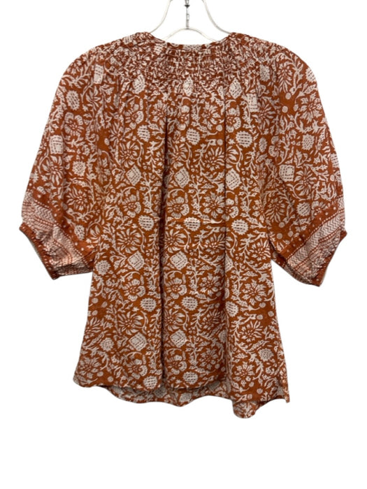 Cleobella Size XS Orange & cream Cotton Floral Short Sleeve Smock Neck Top Orange & cream / XS
