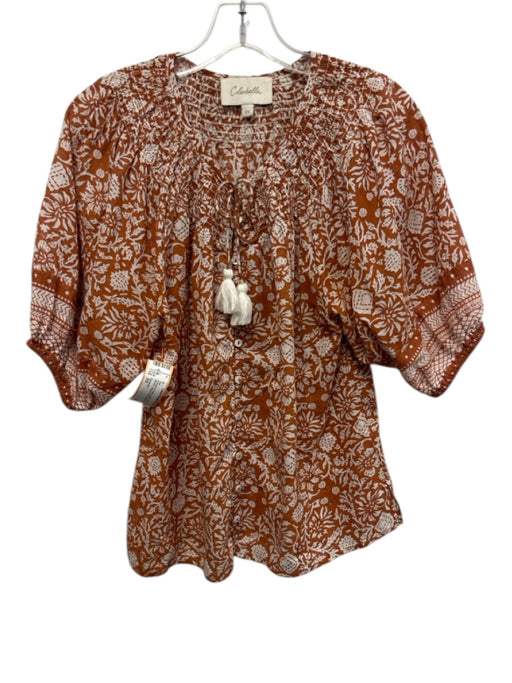 Cleobella Size XS Orange & cream Cotton Floral Short Sleeve Smock Neck Top Orange & cream / XS