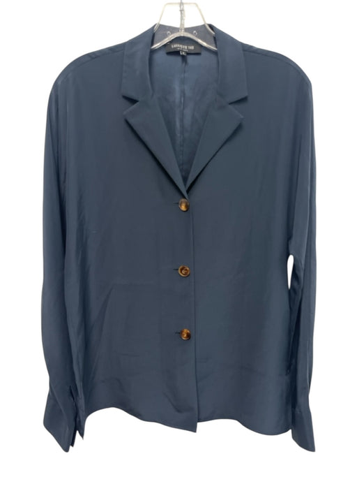 Lafayette 148 Size S Navy Silk Long Sleeve Button Up & Collar Side Slits Top Navy / S