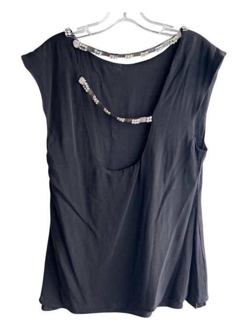 Alice & Olivia Size M Black 100% Silk Short Sleeve Jewel Neckline Blouse Top Black / M