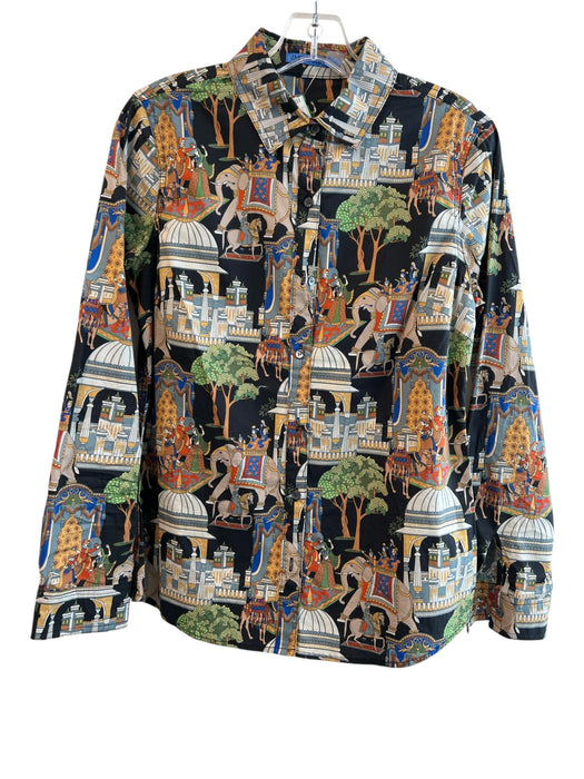 J Mclaughlin Size XS Black & Multi No Fabric Tag Collared Button Up Elephant Top Black & Multi / XS