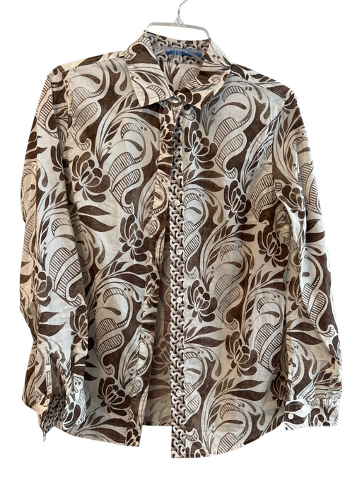 J Mclaughlin Size S Brown & Cream Cotton Collared Button Up Long Sleeve Top Brown & Cream / S