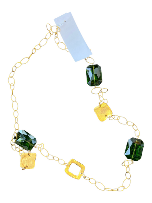 No Brand Gold & Green Metal Square Detail green stone Chain Link Long Necklace Gold & Green