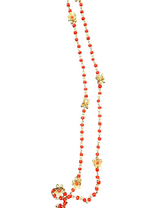 No Brand Red & Gold Metal Beaded Floral design Lobster Clasp Long Necklace Red & Gold