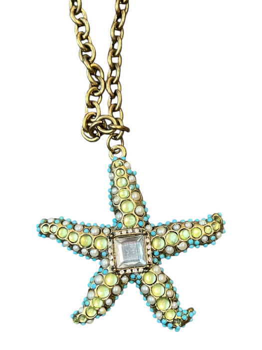 Liz Palacios Blue & Green Metal Crystal Detail Chain Link Star Fish Necklace Blue & Green