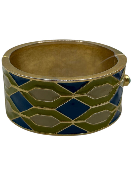 Gerard Yosca Green Enamel Gold Tone Geometric Bangle Hinge Bracelet Green