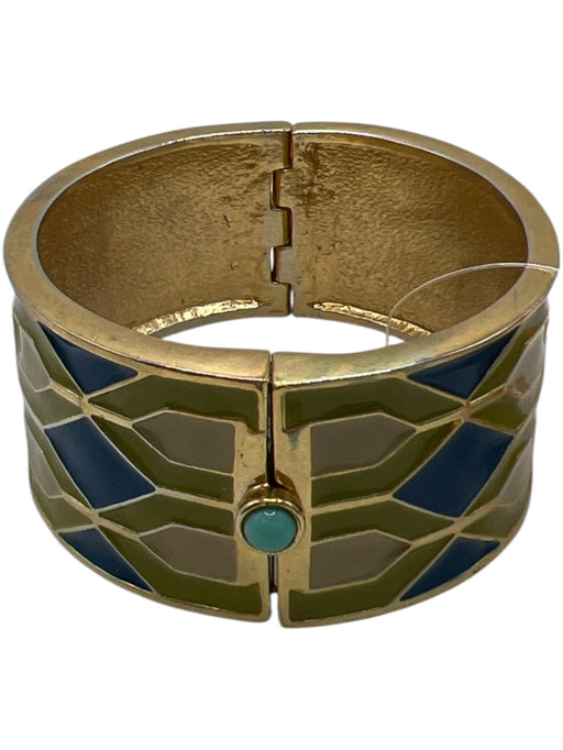 Gerard Yosca Green Enamel Gold Tone Geometric Bangle Hinge Bracelet Green