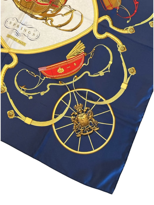 Hermes Navy, Yellow, Red Silk Square Rolled Hem scarf Navy, Yellow, Red / 90cm