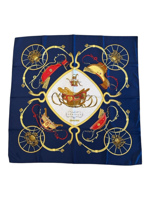 Hermes Navy, Yellow, Red Silk Square Rolled Hem scarf Navy, Yellow, Red / 90cm