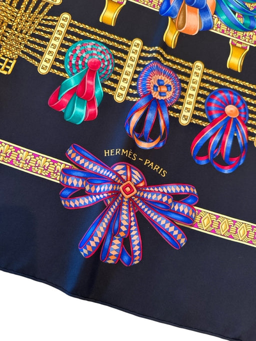 Hermes Black & Multi Silk Square Ribbon Rolled Hem scarf Black & Multi / 90cm