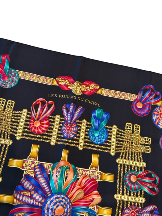 Hermes Black & Multi Silk Square Ribbon Rolled Hem scarf Black & Multi / 90cm