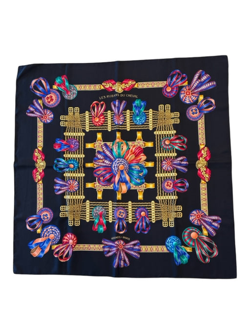 Hermes Black & Multi Silk Square Ribbon Rolled Hem scarf Black & Multi / 90cm