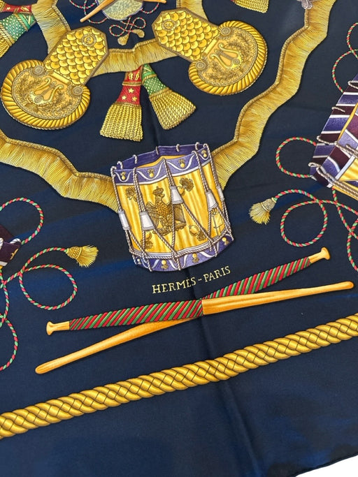 Hermes Black, Gold, Multi Silk Rolled Hem Drum Print scarf Black, Gold, Multi / 35 x 35 inches