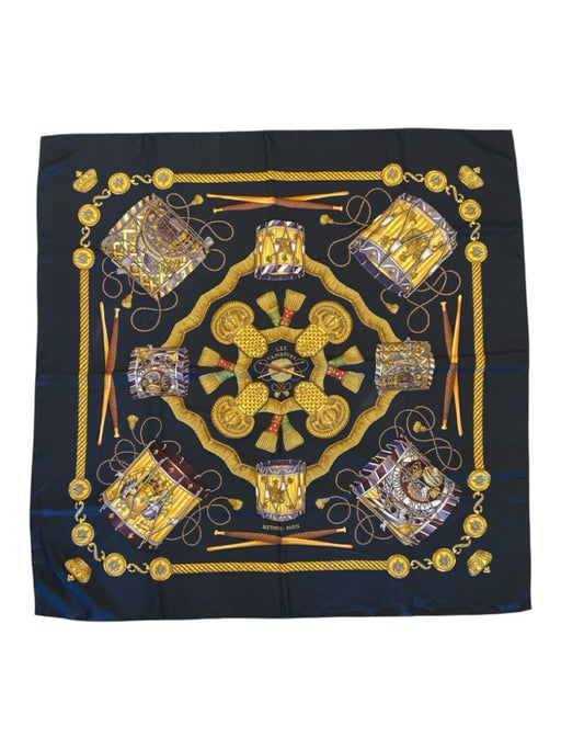 Hermes Black, Gold, Multi Silk Rolled Hem Drum Print scarf Black, Gold, Multi / 35 x 35 inches