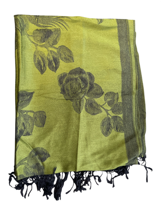 Pashmina Green Pashmina & Silk Tassle Hem Floral scarf Green