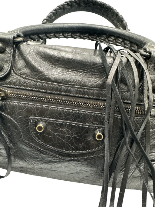 Balenciaga Black Leather Zip Close Whipstitch Shoulder Strap Fringe Detail Bag Black / Small
