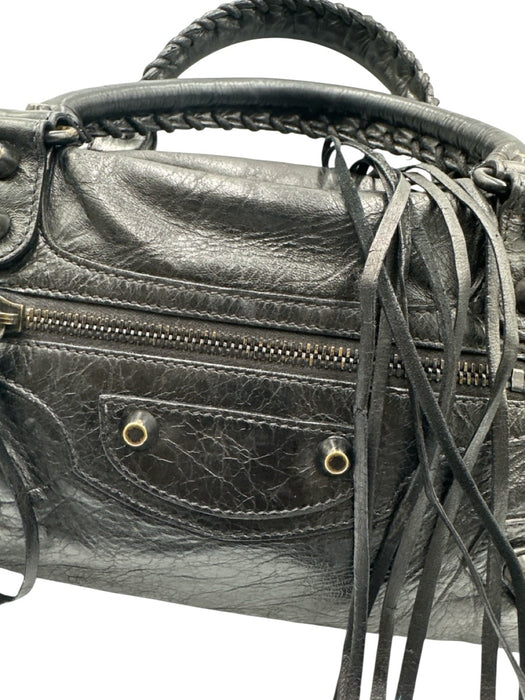 Balenciaga Black Leather Zip Close Whipstitch Shoulder Strap Fringe Detail Bag Black / Small