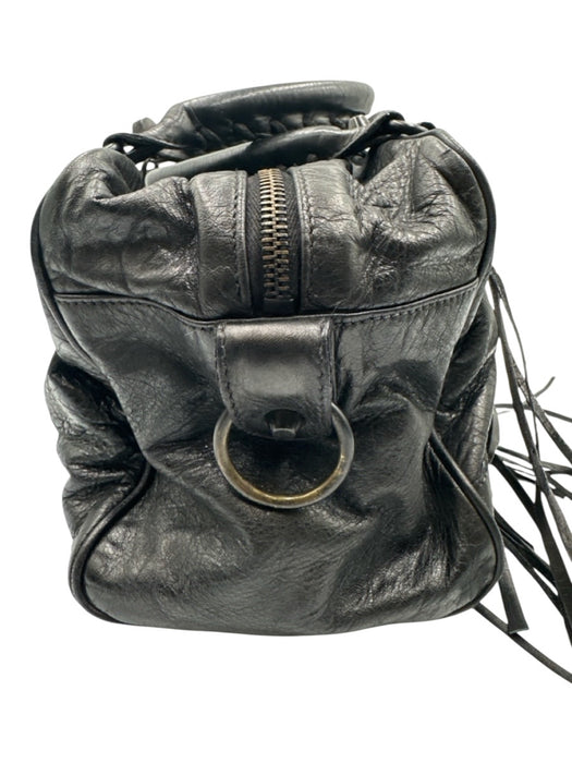 Balenciaga Black Leather Zip Close Whipstitch Shoulder Strap Fringe Detail Bag Black / Small