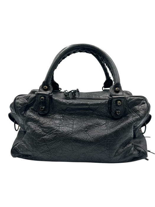 Balenciaga Black Leather Zip Close Whipstitch Shoulder Strap Fringe Detail Bag Black / Small