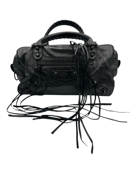 Balenciaga Black Leather Zip Close Whipstitch Shoulder Strap Fringe Detail Bag Black / Small