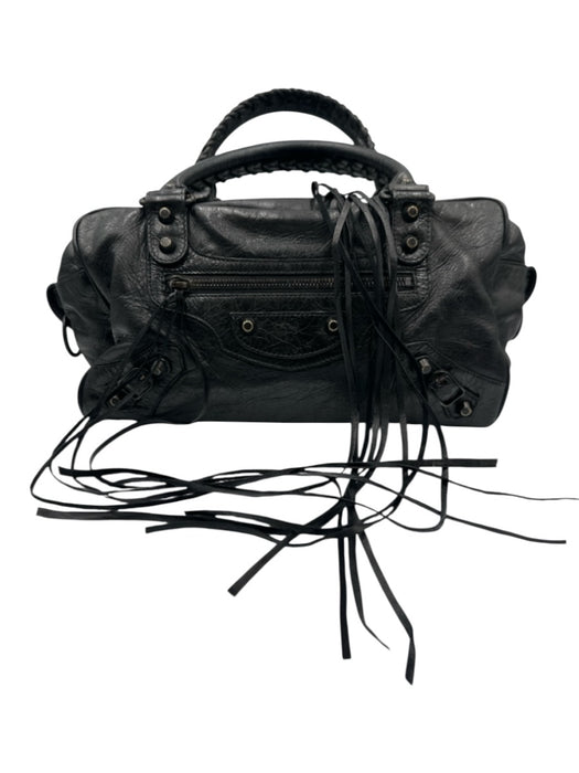 Balenciaga Black Leather Zip Close Whipstitch Shoulder Strap Fringe Detail Bag Black / Small