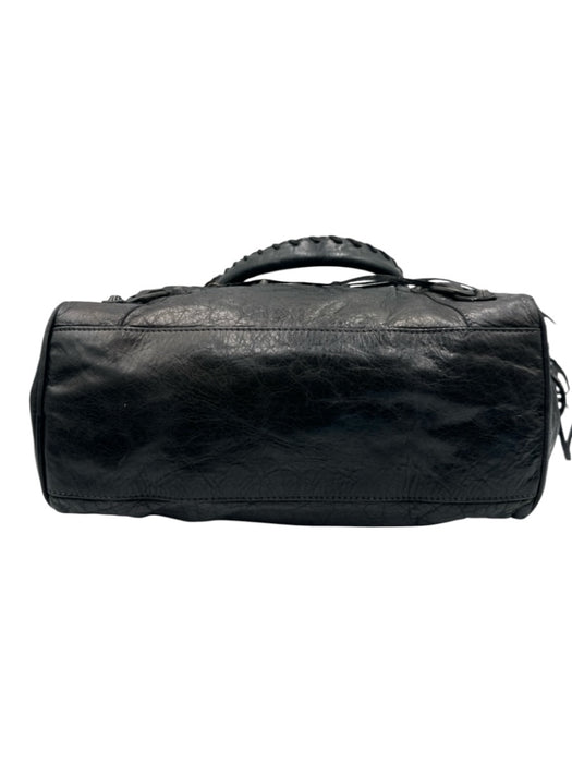 Balenciaga Black Leather Zip Close Whipstitch Shoulder Strap Fringe Detail Bag Black / Small
