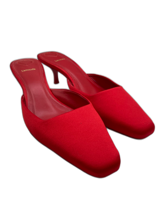 Larroude Shoe Size 10 Cherry Red Satin Leather Mule Kitten Heel Almond Toe Pumps Cherry Red / 10