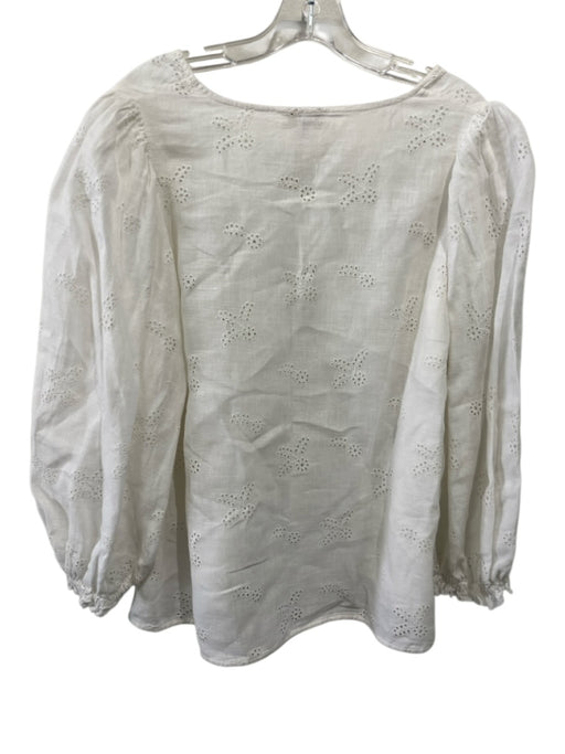 Ann Mashburn Size L White Linen Floral Eyelet V Neck Long Balloon Sleeve Top White / L