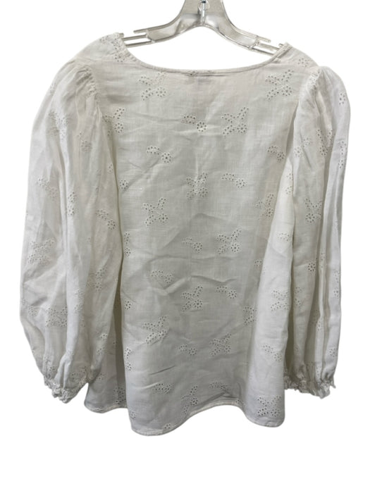 Ann Mashburn Size L White Linen Floral Eyelet V Neck Long Balloon Sleeve Top White / L