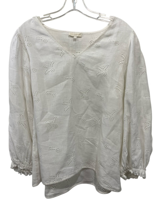 Ann Mashburn Size L White Linen Floral Eyelet V Neck Long Balloon Sleeve Top White / L