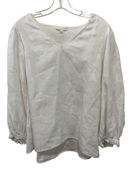 Ann Mashburn Size L White Linen Floral Eyelet V Neck Long Balloon Sleeve Top White / L