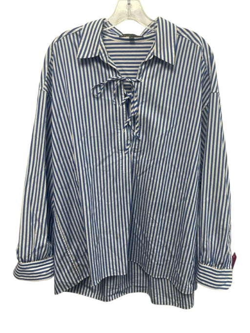 Elliot Lauren Size L Blue & White Cotton Long Sleeve Collar Lace Up Top Blue & White / L