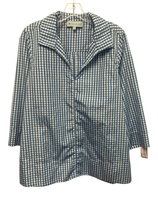 Tuckernuck Size L Blue & White Polyester Long Sleeve Gingham Split V neck Top Blue & White / L