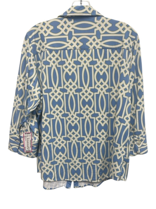 Foxcroft Size L Blue, White, yellow Nylon & Spandex 3/4 Sleeve Buttons Top Blue, White, yellow / L