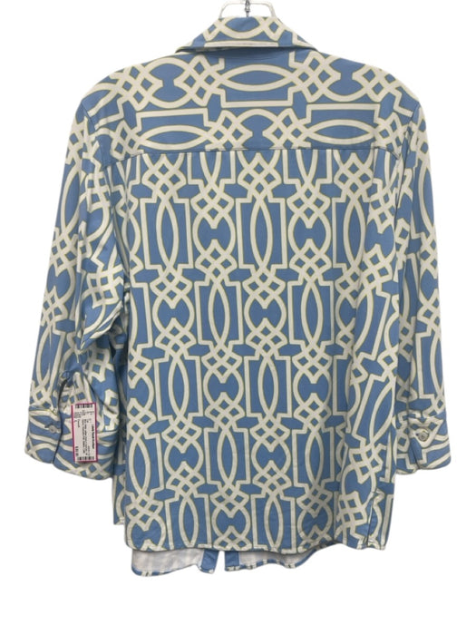 Foxcroft Size L Blue, White, yellow Nylon & Spandex 3/4 Sleeve Buttons Top Blue, White, yellow / L