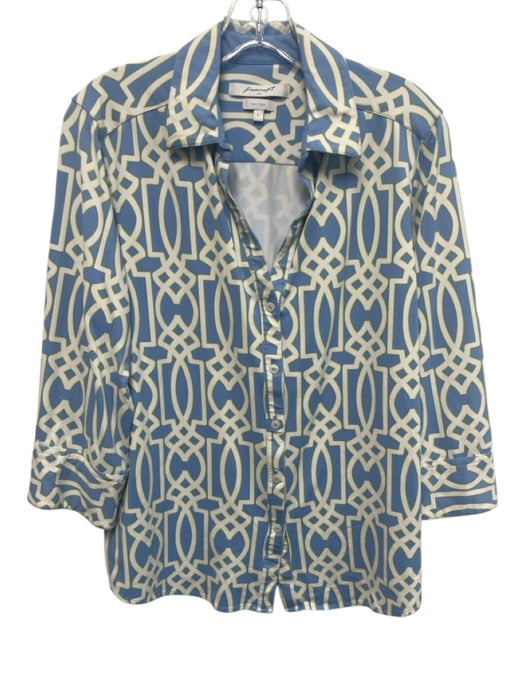 Foxcroft Size L Blue, White, yellow Nylon & Spandex 3/4 Sleeve Buttons Top Blue, White, yellow / L