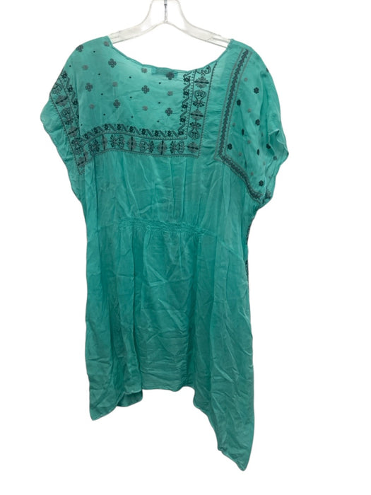 Johnny Was Size L Teal Green & Gray Cupra Rayon Cap Sleeve Embroidered Dress Teal Green & Gray / L